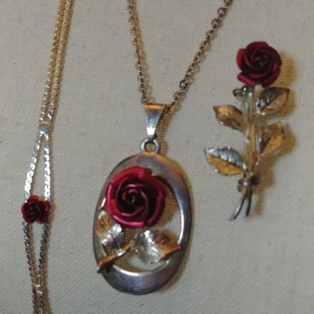 3Pc. Red Rose Set Necklace Bracelet and Brooch Silver Tone Costume Jewelry